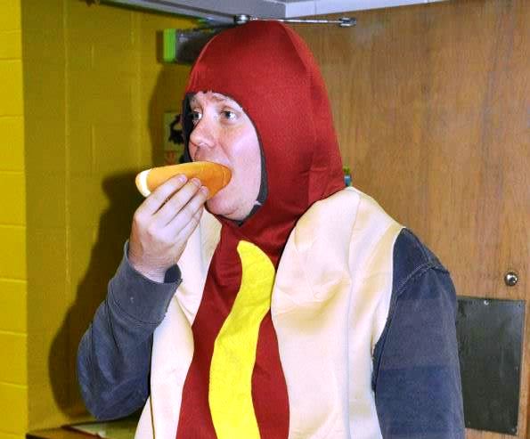 man in hot dog costume