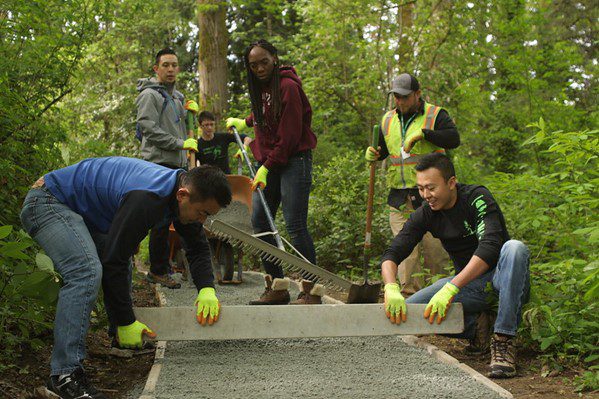 The Seattle Parks and Recreation Trail Unit works to level the gravel on a new trail. Two men use a 2x4 horizontally to level the gravel, while 4 other staff in the background a performing other tasks, with shovels, levels and a wheelbarrow of gravel.