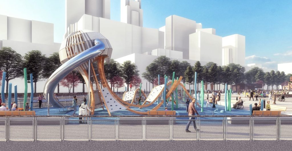 Playground featuring an 18-foot jellyfish-inspired climbing structure and slide, surrounded by smaller climbing and swinging features and poles meant to look like kelp.