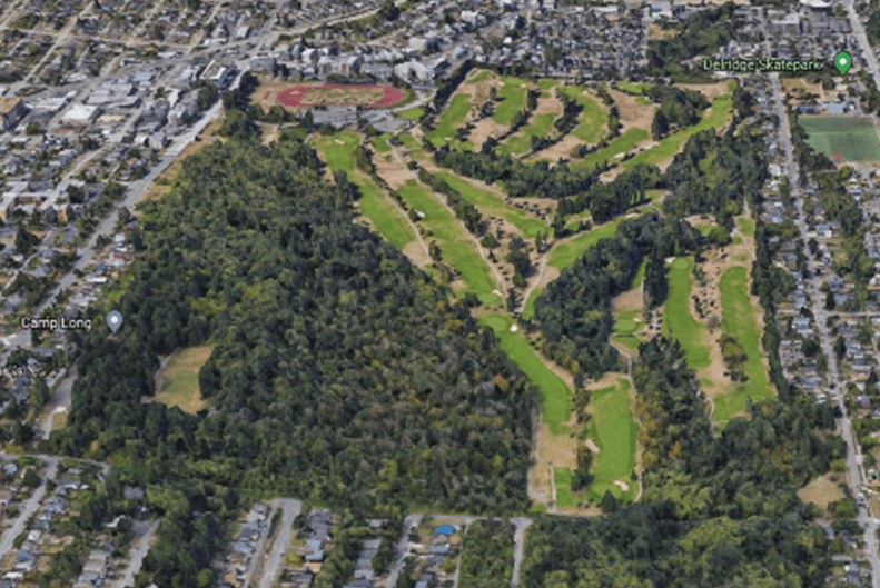 A Google Earth snapshot shows an aerial view of the West Seattle Golf Course in the Delridge Neighborhood. 