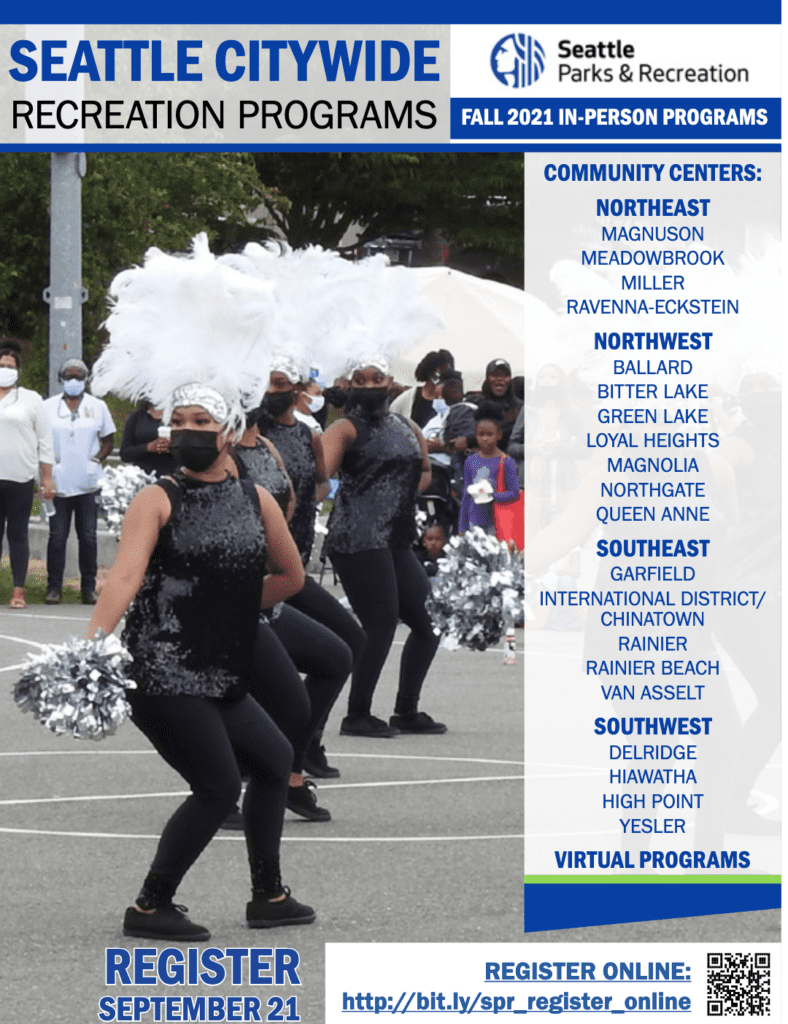 Image of Fall 2021 Seattle Parks and Recreation Brochure. It features an image of women dancing/performing in costume outdoors and lists the community centers with programs available. 