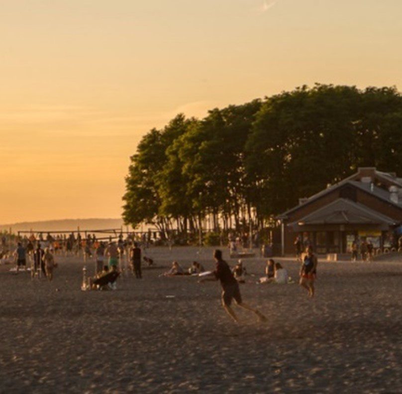 A picture shows Golden Gardens Park on a summer evening. People are playing frisbee on the beach. 