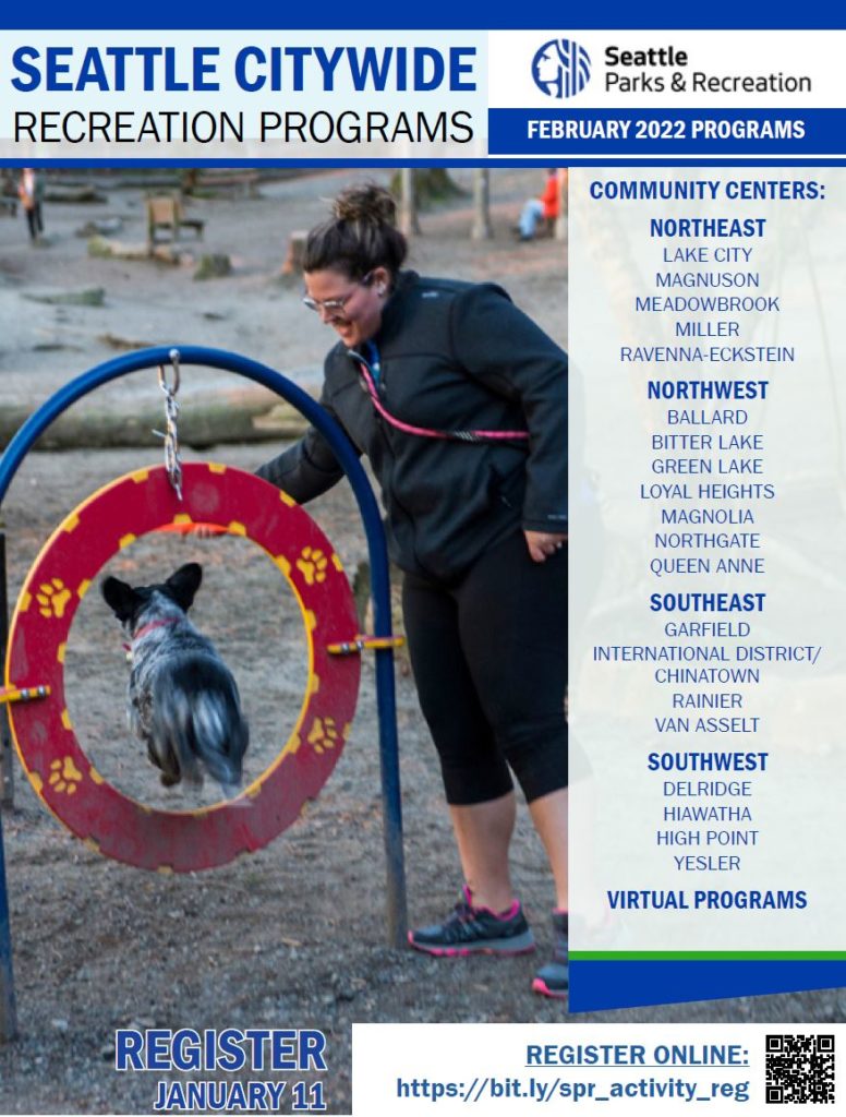 The cover for the Seattle Parks and Recreation February 2022 brochure is shown. A picture of a person with their dog is shown jumping through a dog hoop at one of Seattle's off-leash areas. 