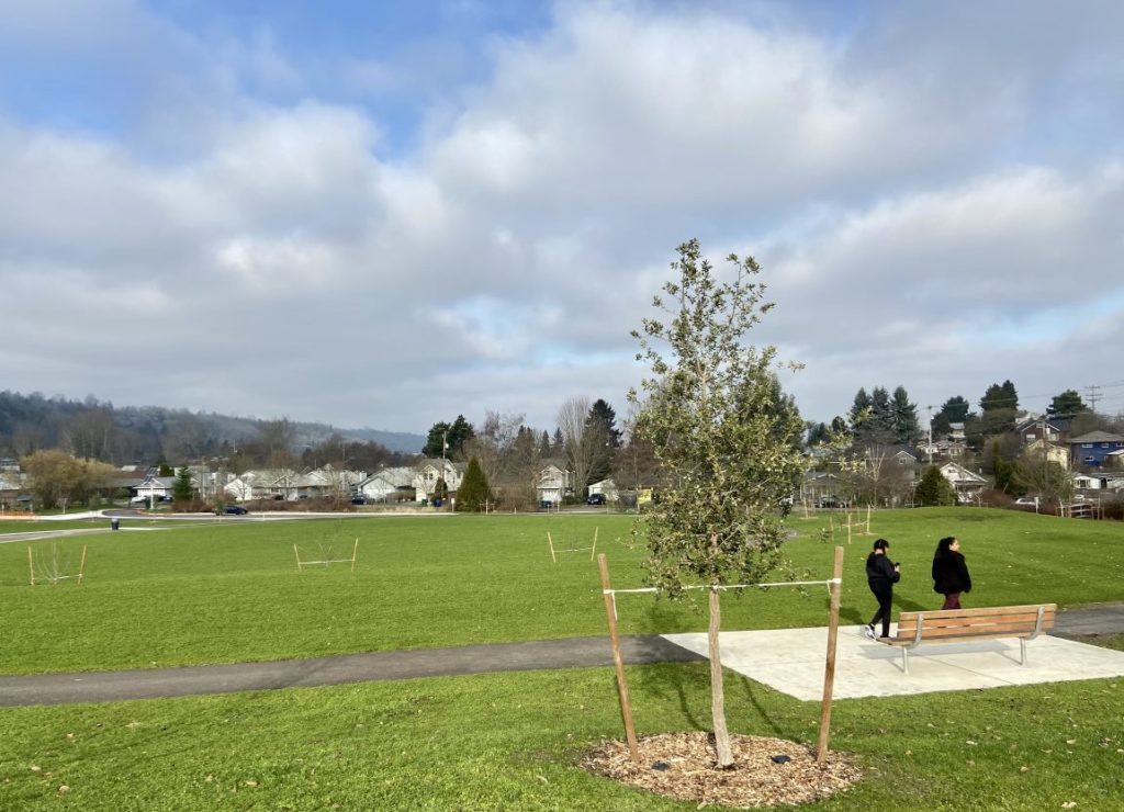 A picture of Marra-Desimone park shows recently planted trees and a park bench, with 2 people walking along a path.