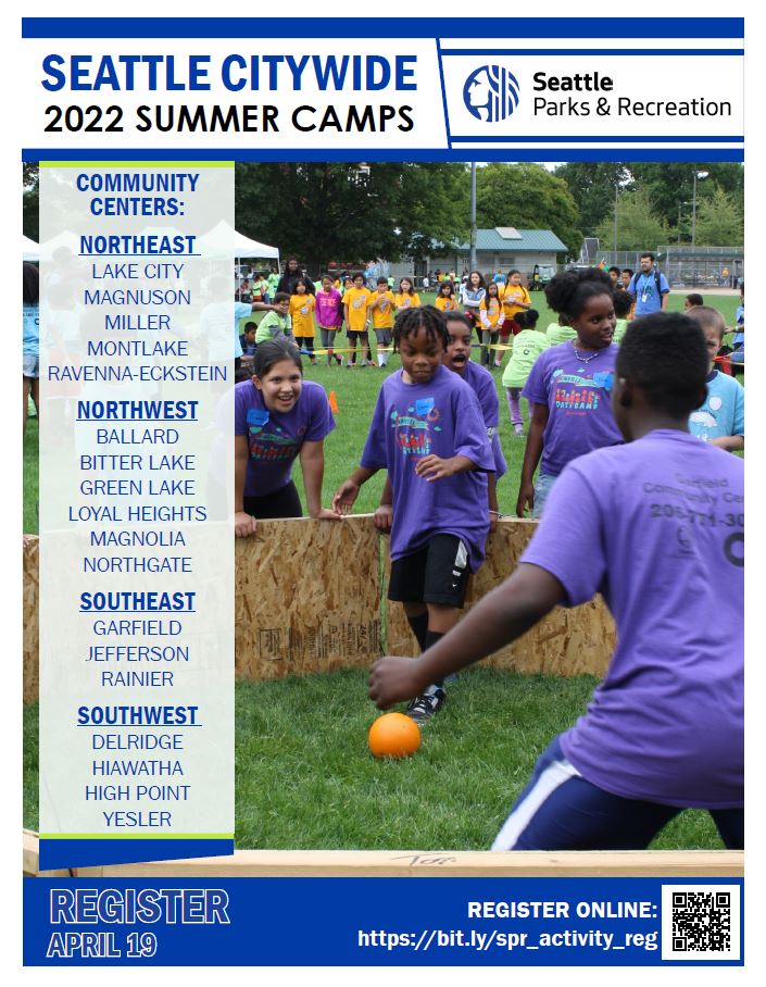 An image of the front cover of the Seattle Citywide 2022 Summer Camps brochure is shown. Children are playing soccer in a field. Register April 19.