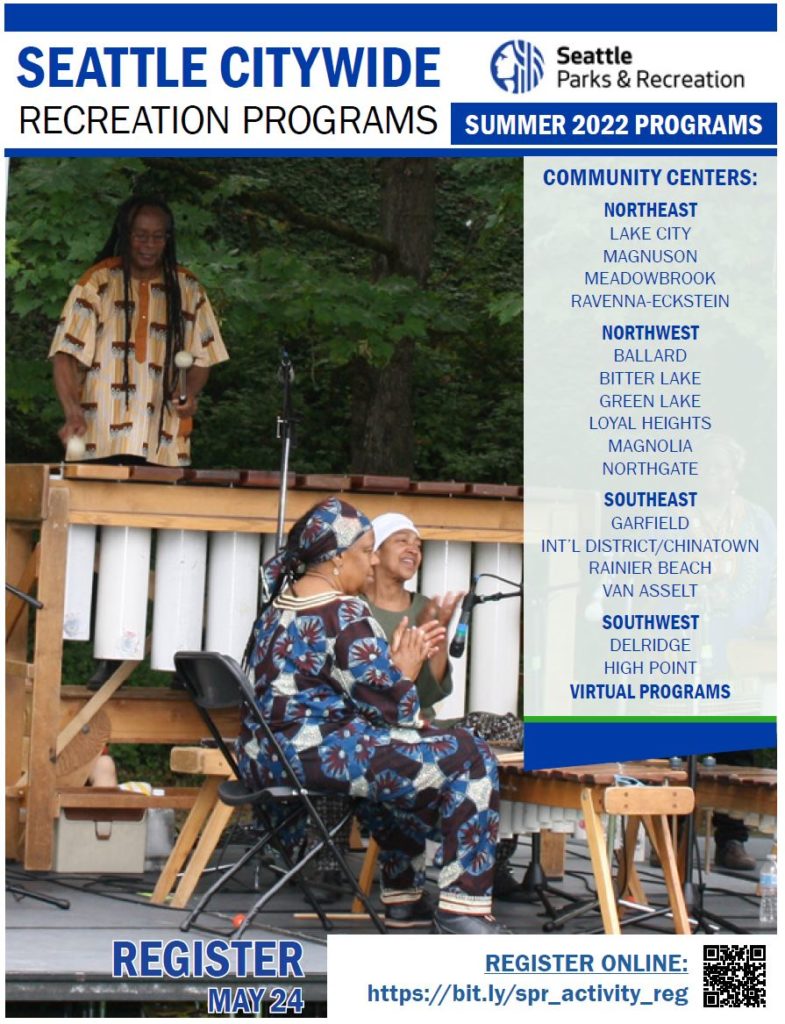 The front cover of the summer 2022 recreation brochure is shown, with a picture of performers playing percussion instruments at the Big Day of Play