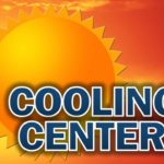 a graphic of an orange hot sun with the words Cooling Centers in front of it