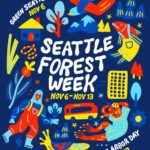 Poster image showing various flora and fauna (birds, trees, mountains, slug, frog) with the words Seattle Forest Week written in large font in the center.