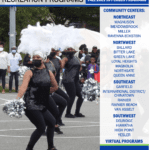 Image of Fall 2021 Seattle Parks and Recreation Brochure. It features an image of women dancing/performing in costume outdoors and lists the community centers with programs available.