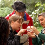 A small group of people gather around a plastic container to examine an insect just found in the forest.