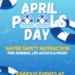 Graphic promoting Seattle Parks & Recreation’s “April Pools Day,” featuring a blue pool-water background with floating life rings. Text reads: “April Pools Day. Water Safety Instruction. Free swimming, life jackets & prizes. Various events at pools across Seattle!