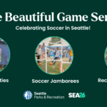 Seattle Parks and Recreation graphic promoting “The Beautiful Game Series: Celebrating Soccer in Seattle!” featuring photos of watch parties, youth soccer jamborees, and recreation programs on a dark green background with SPR and SEA26 logos.