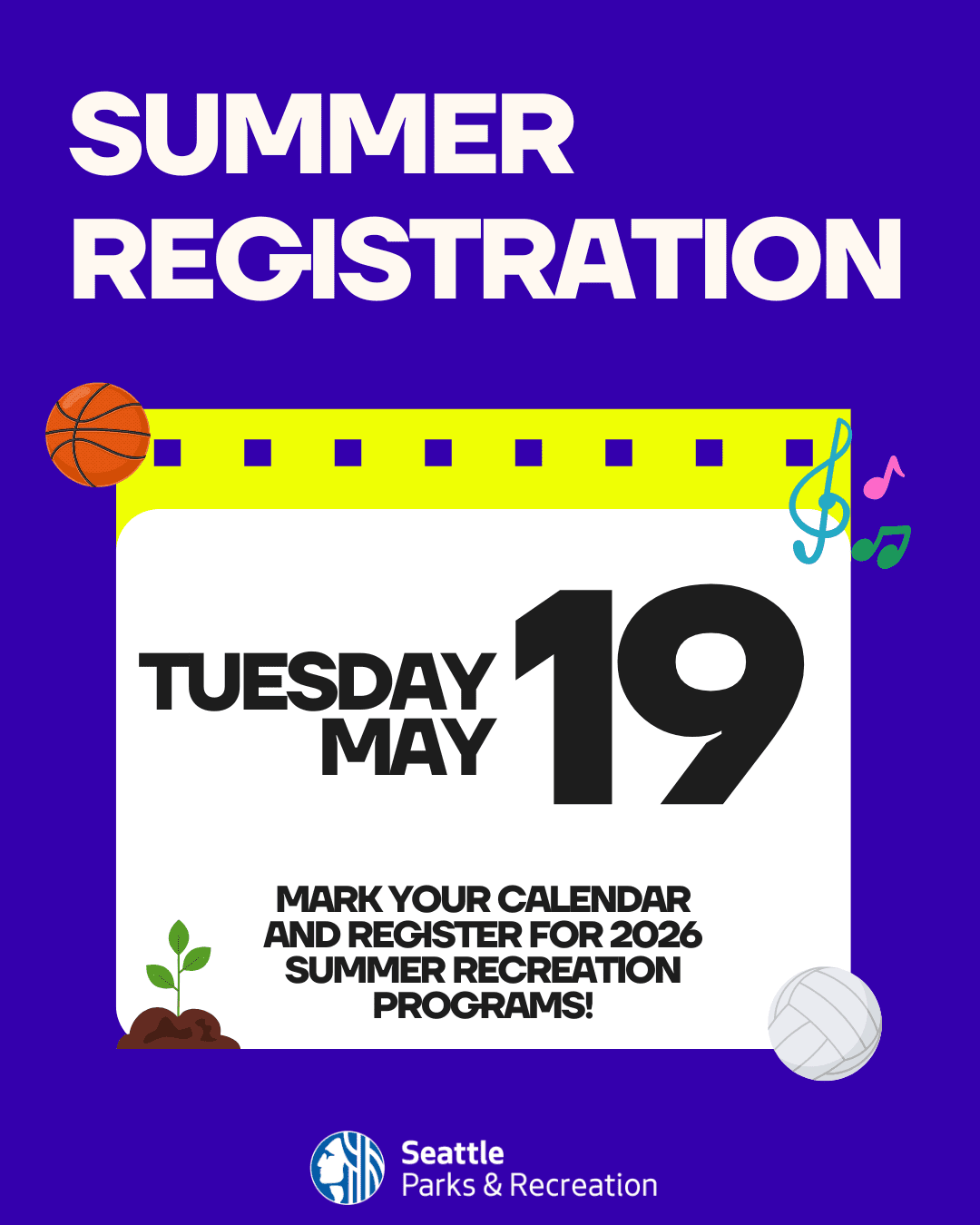 Calendar page showing Tuesday, May 19, for summer registration with basketball, volleyball, and music notes icons.