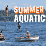 Children jumping off a diving board, a lifeguard in a canoe. Text reads "Summer Aquatics."