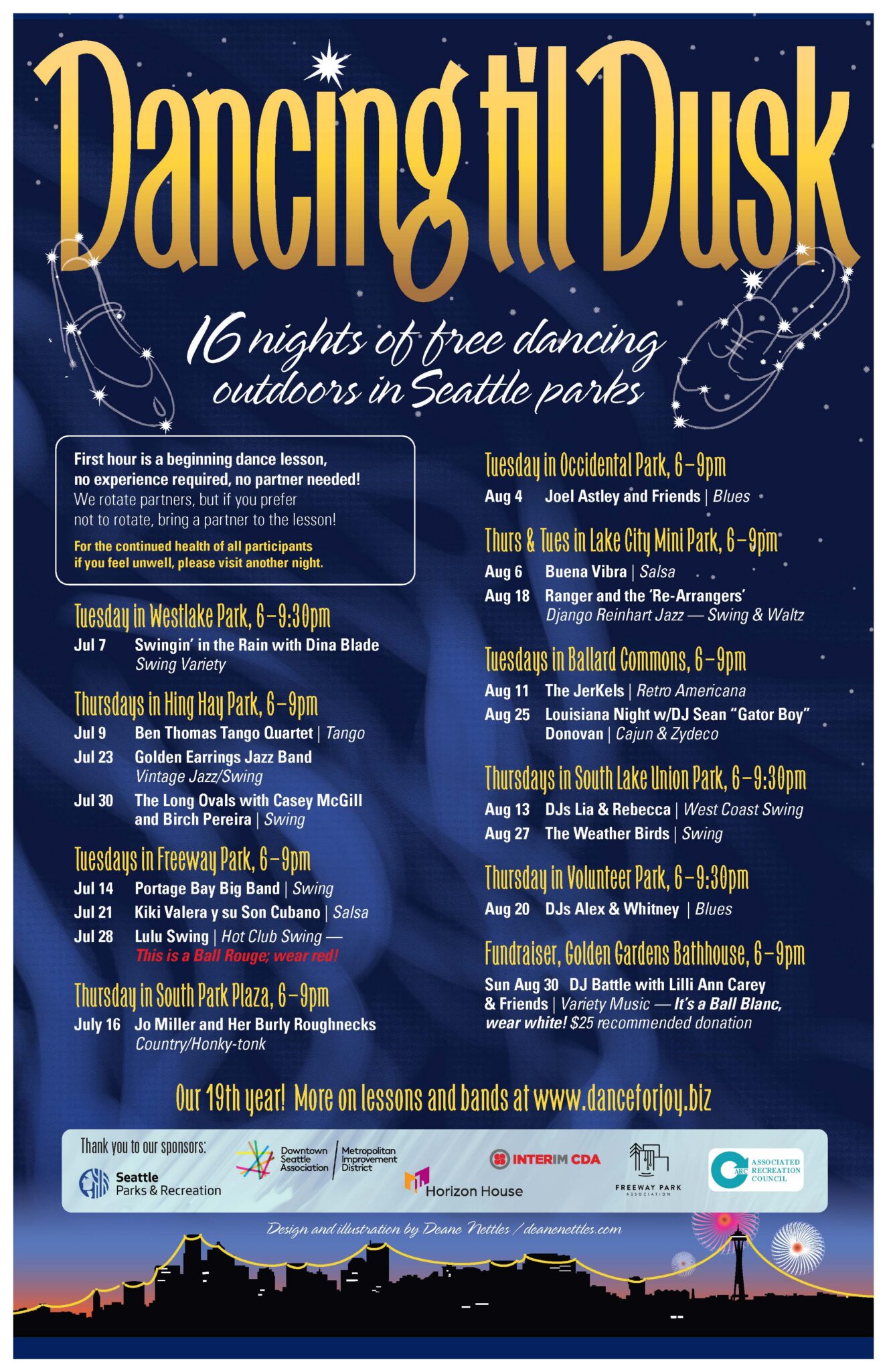 Dancing til Dusk advertisement poster with dates, locations and times that are listed above in the blog.