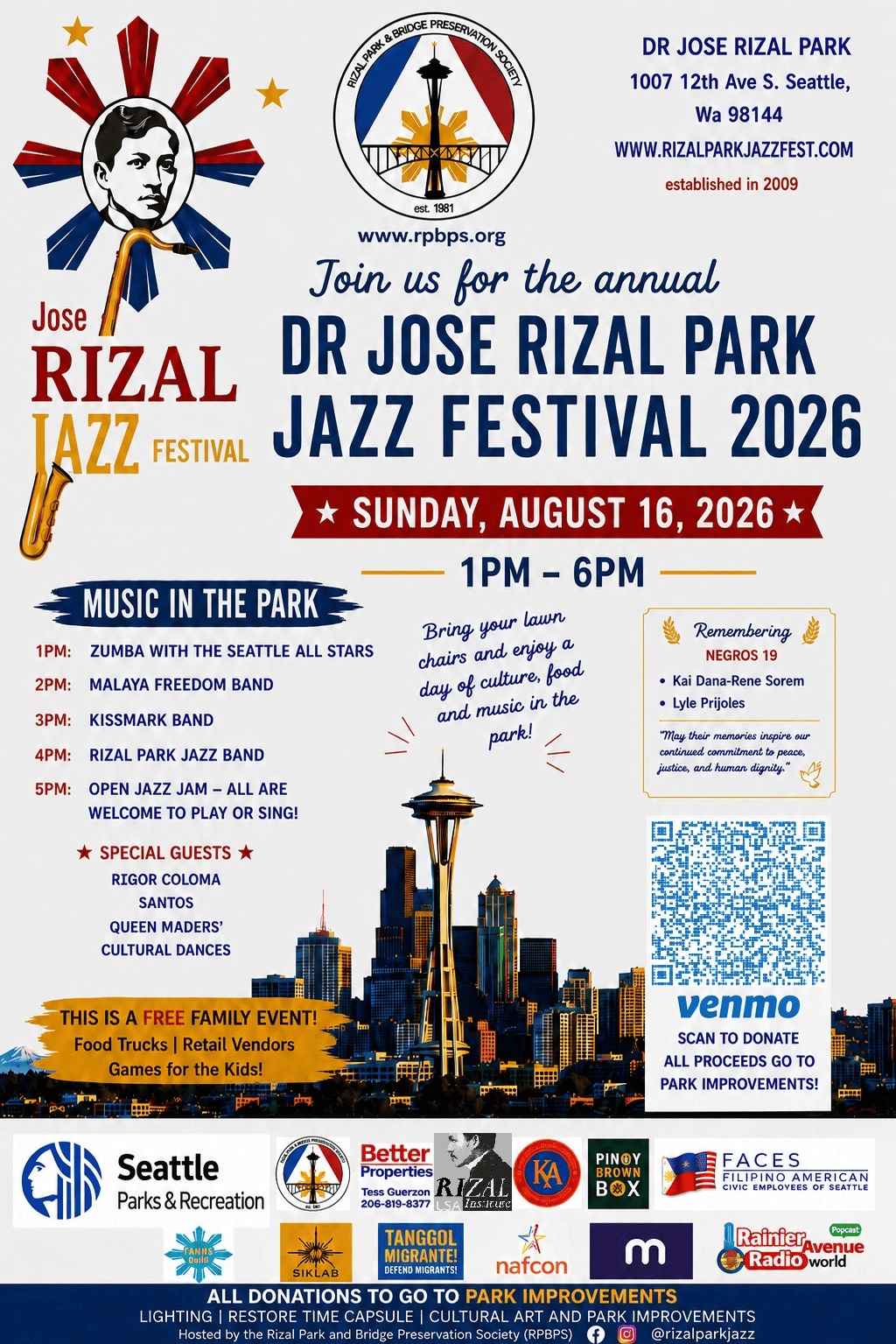 Seattle Parks and Recreation invites community to learn about Dr. Jose Rizal Park upper site renovation at the Dr. Jose Rizal Jazz Festival