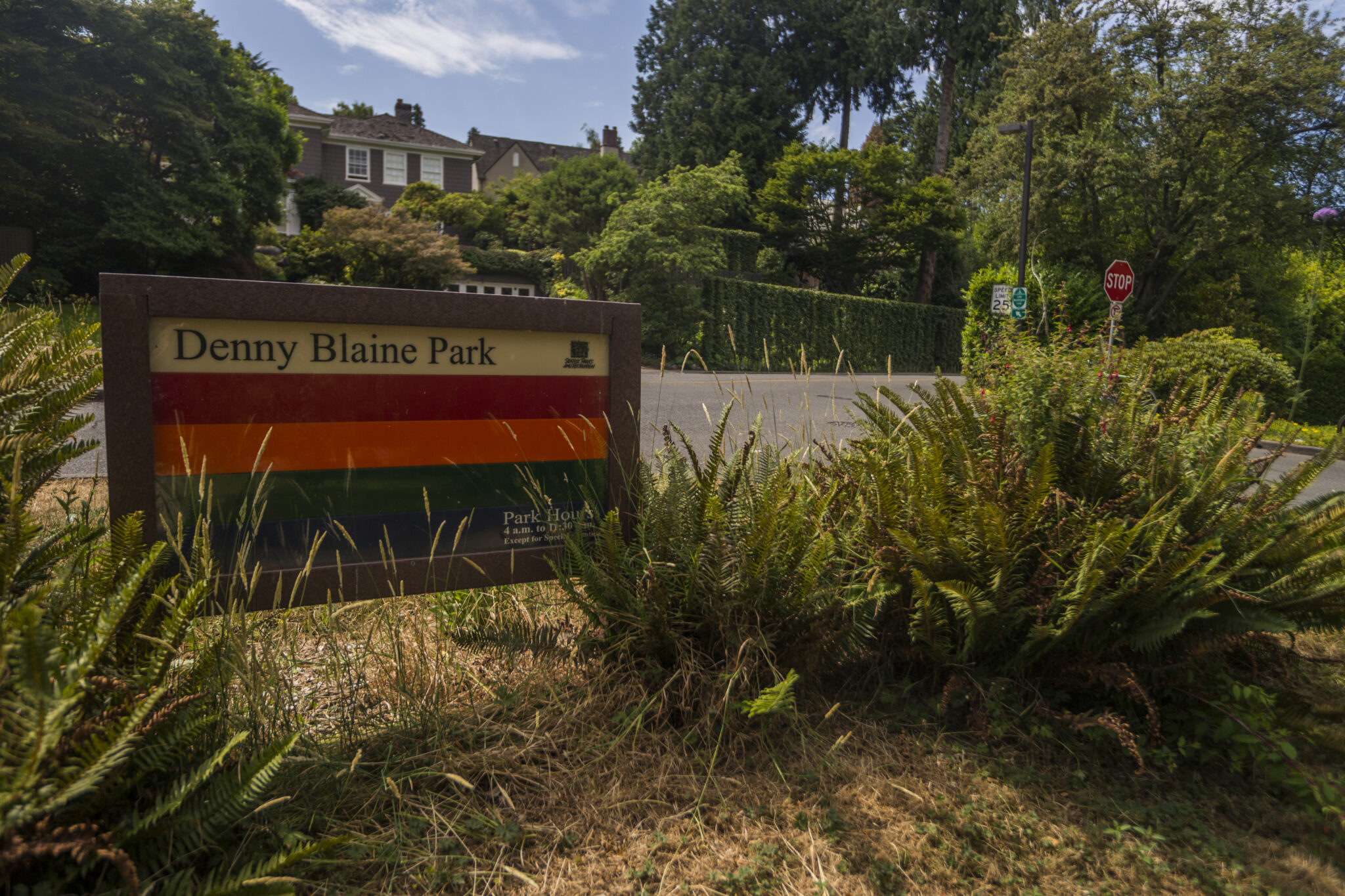 Seattle Parks and Recreation Rainbow Sign at Denny Blaine Park surrounded by Greenery